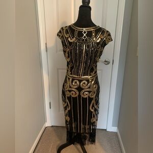 Vintage-Inspired Black & Gold Beaded Fringe Dress